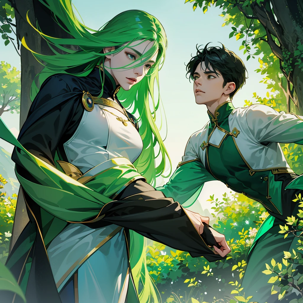 Create an image divided into four sections with a green theme: a lively Campaigner male, a serene Mediator female, a confident Protagonist male, and a wise Advocate male, each in distinctive poses against a unified backdrop with shades of green, incorporating delicate and mystical elements to enhance the overall visual appeal.