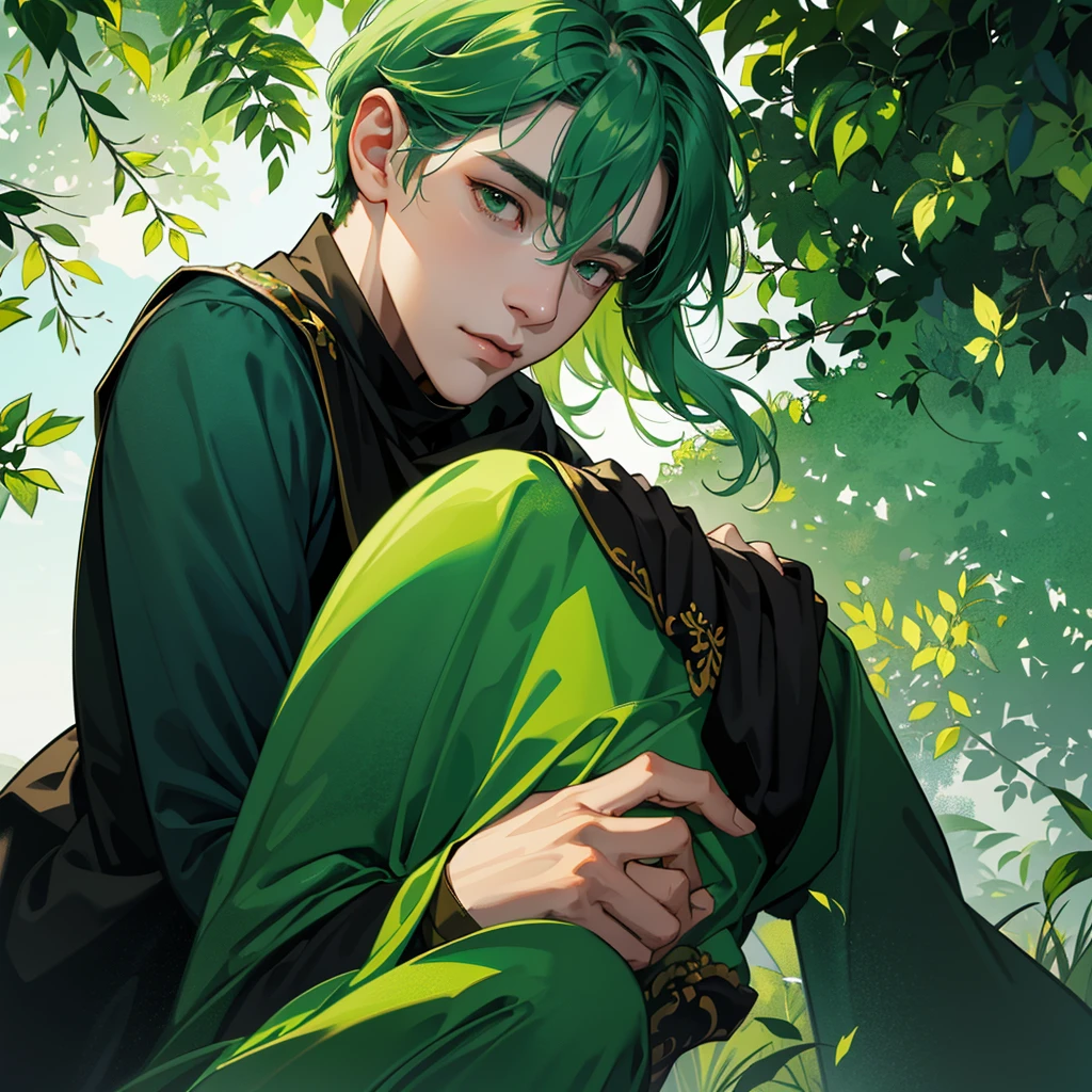 Create an image divided into four sections with a green theme: a lively Campaigner male, a serene Mediator female, a confident Protagonist male, and a wise Advocate male, each in distinctive poses against a unified backdrop with shades of green, incorporating delicate and mystical elements to enhance the overall visual appeal.