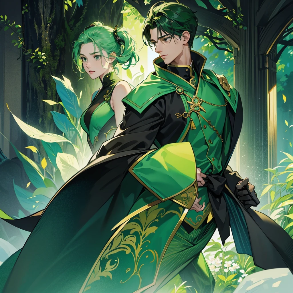 Create an image divided into four sections with a green theme: a lively Campaigner male, a serene Mediator female, a confident Protagonist male, and a wise Advocate male, each in distinctive poses against a unified backdrop with shades of green, incorporating delicate and mystical elements to enhance the overall visual appeal.