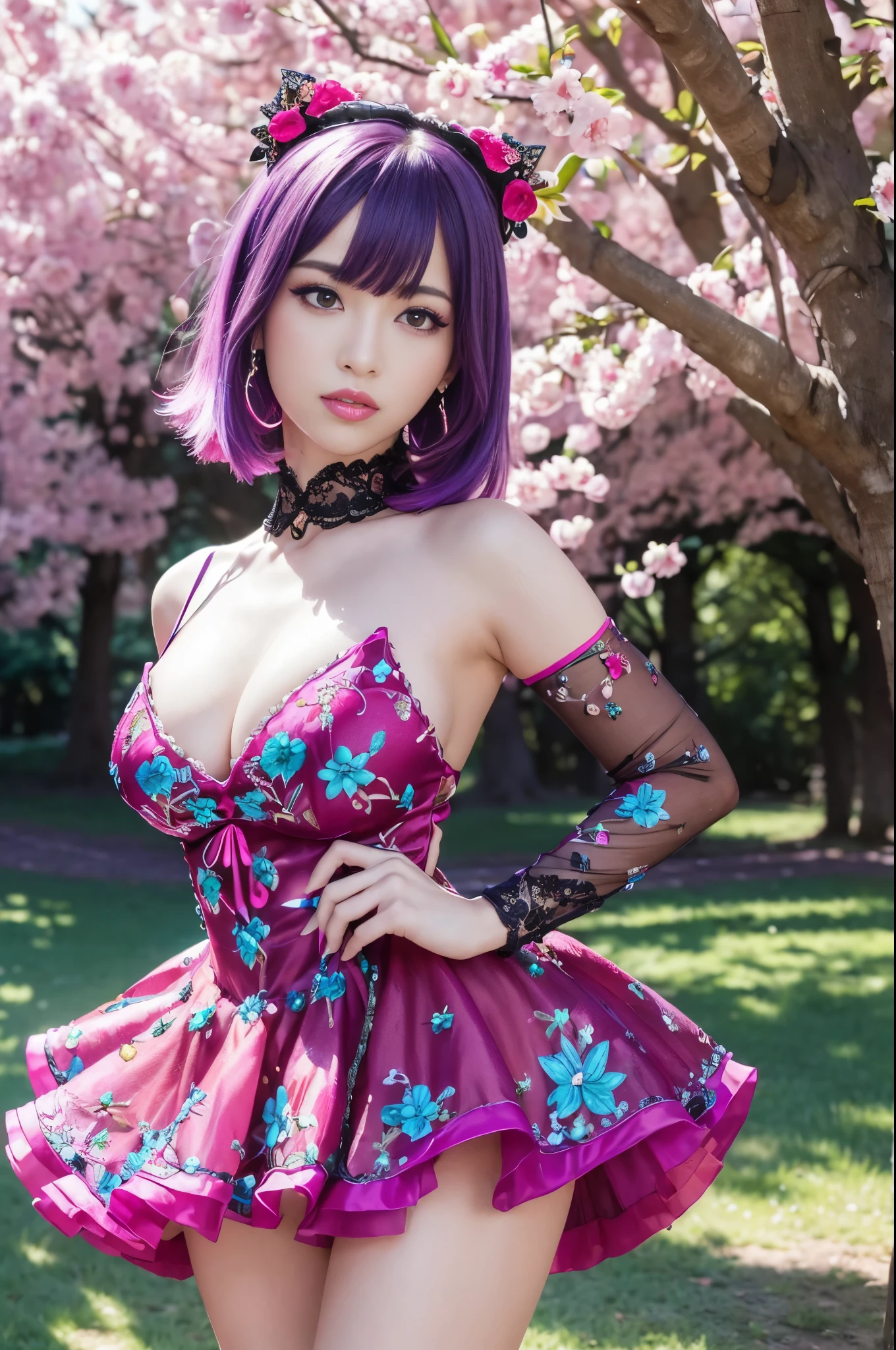 (masterpiece:1.4), (best quality:1.4), ultra high res, ultra high resolution, ((detailed facial features)), HDR, (realistic, photorealistic, photo-realistic:1.37), full body Esbian, sexy swedish model, (-anime), only 1 model, vivid colors, ((vivid colors multicolor (fuchsia, pink, light blue, purple) very short hair)), (seductive smile), lip-gloss, long lashes, defined eyebrows, wearing large sparkling colorful jewelery, wearing a red silk Paradise Kiss cosplay dress with black floral embroidery, ((vivid colors outfit)), vivid colors, look at the camera, cinematic light, large park background with trees, sweet and sexy pose