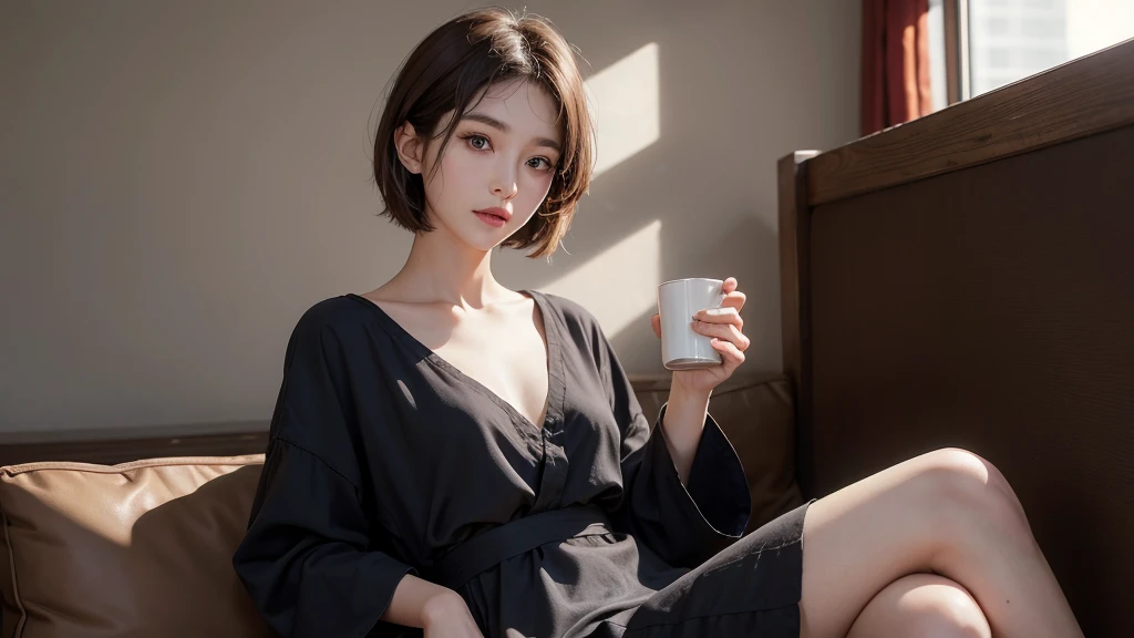 Highest quality, Face Focus, Soft Light, Ultra-high resolution, (Realistic:1.4), RAW Photos, 1 Korean woman, alone, nice, (Brown eyes, light in your eyes), Beautiful face in every detail, (Small Box),(High resolution detail of human skin texture), (Short Bob Hair), Sharp eyes,Drinking coffee,Inside the cafe、Sitting on the couch,Long dress in black、