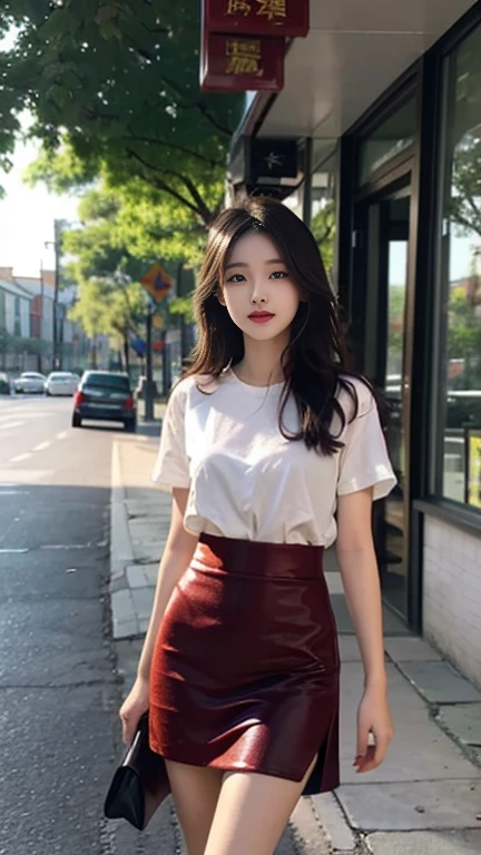 1 Girl,roadside,Soft Light,Chinese Beauty,tight skirt,Dark-haired