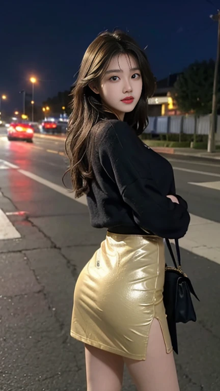 1 Girl,roadside,Soft Light,Chinese Beauty,tight skirt,Dark-haired
