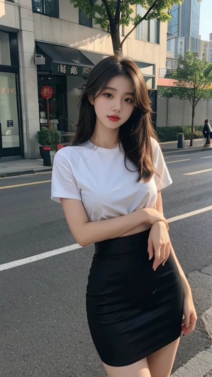 1 Girl,roadside,Soft Light,Chinese Beauty,tight skirt,Dark-haired