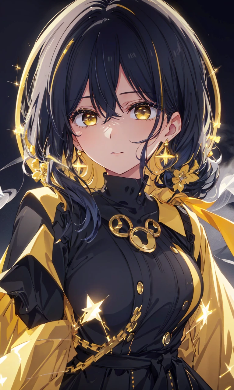 masterpiece, best quality, Cinematic, Fancy effects, 1girl, Intricate details, shiny hair, shiny skin, detailed eye, hd eye, :|, beautiful eye, big eyes, gothic, big breasts, black hair, medium hair, yellow eyes, glowing eyes, baby face, goth, black casual outfit, black blazer, glowing nimbus (yellow glowing circle above head), Cross Earrings, hair between eyes, black gloves, upper body, looking at viewer, smoke background, face focus, long eyelashes, shiny eyelashes, long hair, messy hai, wavy hair, fluffy hair, glowing nimbus, vary long hair, colored hair (black hair front, yellow glowing hair background), very big breasts, pale skin,