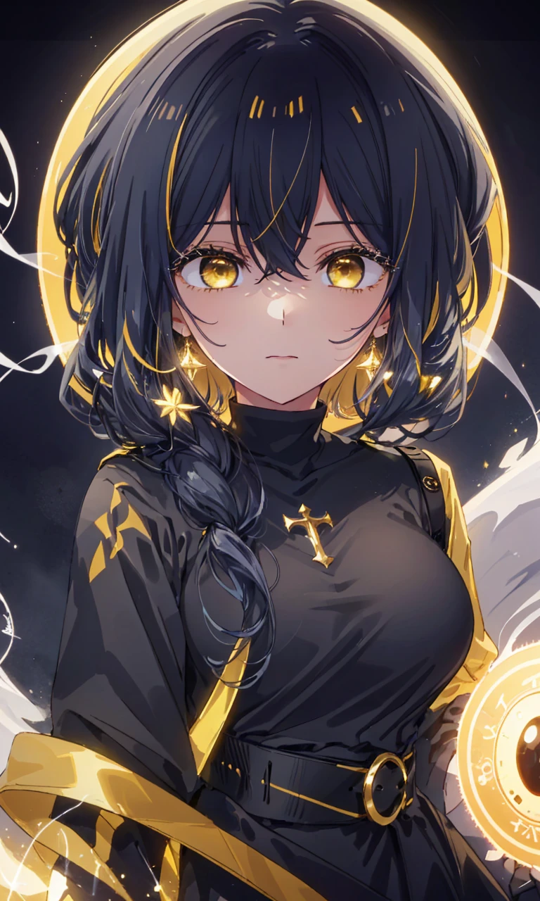 masterpiece, best quality, Cinematic, Fancy effects, 1girl, Intricate details, shiny hair, shiny skin, detailed eye, hd eye, :|, beautiful eye, big eyes, gothic, big breasts, black hair, medium hair, yellow eyes, glowing eyes, baby face, goth, black casual outfit, black blazer, glowing nimbus (yellow glowing circle above head), Cross Earrings, hair between eyes, black gloves, upper body, looking at viewer, smoke background, face focus, long eyelashes, shiny eyelashes, long hair, messy hai, wavy hair, fluffy hair, glowing nimbus, vary long hair, colored hair (black hair front, yellow glowing hair background), very big breasts, pale skin,