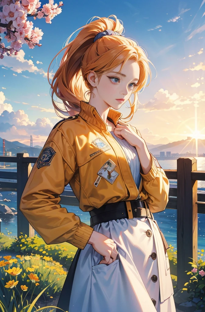 Very colorful, Pop feel, Blue sky, cumulonimbus, California, Pasadena, Summer image, Beautiful woman with orange ponytail, Very beautiful detailed eyes, Beautiful and delicate eyes, Around 25 years old, Wearing a jacket, stylish belt, Perfect tall model figure,mysterious, Cool Beauty, West Coast, Shining summer memories, Anime drawing by Yang J, シティポップのお洒落なCD jacket, Art Station Trends, realism, extremely detailed The buds of art, Realistic anime 3D style, Anime Style 4 k, Up to the model | The buds of art, Anime Style. 8k, Casual clothing, Realistic anime art style, style The buds of art, Sharp contours, Highest quality, The perfect angle, Perfect composition, Perfect subject, Best Shot, Official Art,CD jacket, 80's City Pop, Stylish, Very stylish, Anime drawings inspired by Yanjun Chen, Trending on Art Station, realism, Anime Style 4 k, Anime Style. 8k, Realistic Anime 3D Style, Realistic anime art style, Digital anime illustration, Style Anime, Gweiz-style artwork, Anime Style illustration, Digital anime art