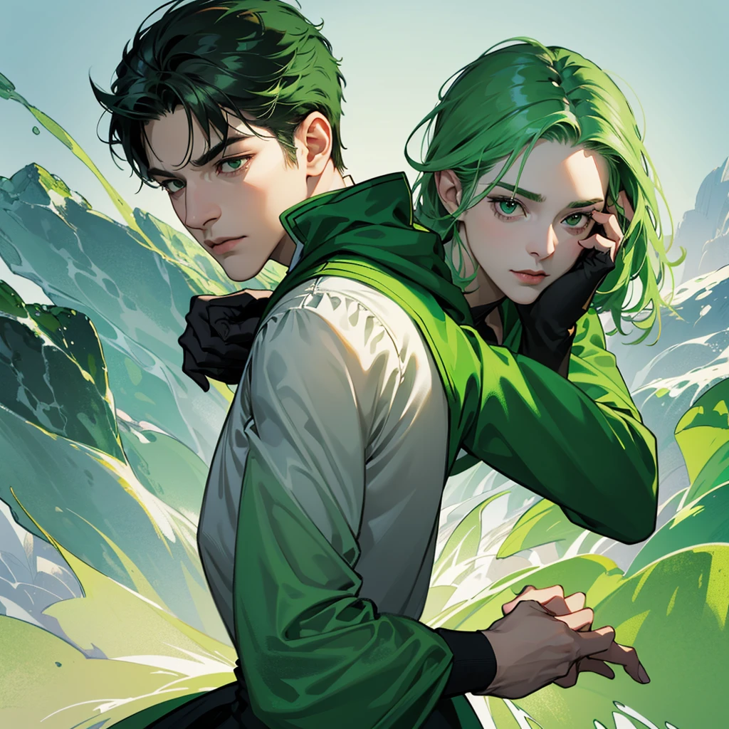Create an image divided into four sections with a green theme: a lively Campaigner male, a serene Mediator female, a confident Protagonist male, and a wise Advocate male, each in distinctive poses against a unified backdrop with shades of green, incorporating delicate and mystical elements to enhance the overall visual appeal.