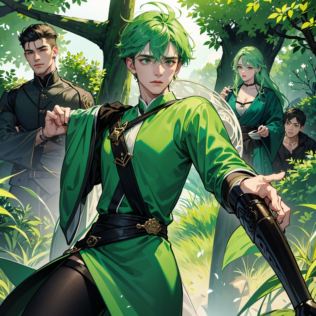 Create an image divided into four sections with a green theme: a lively Campaigner male, a serene Mediator female, a confident Protagonist male, and a wise Advocate male, each in distinctive poses against a unified backdrop with shades of green, incorporating delicate and mystical elements to enhance the overall visual appeal.