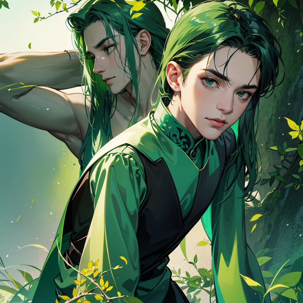 Create an image divided into four sections with a green theme: a lively Campaigner male, a serene Mediator female, a confident Protagonist male, and a wise Advocate male, each in distinctive poses against a unified backdrop with shades of green, incorporating delicate and mystical elements to enhance the overall visual appeal.