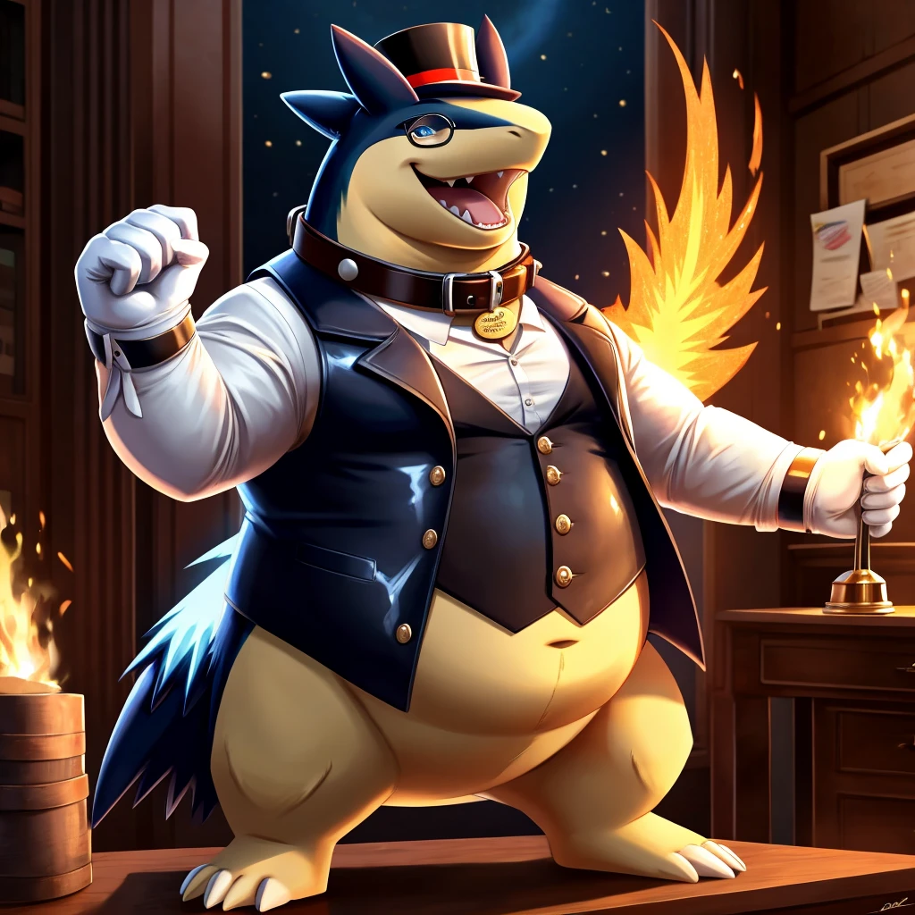 Solo, Male, fat, extremely obese, gentleman, dapper Professor Typhlosion, steampunk, blue eyes, (posing:1.3), (soft shading), 4k, hi res, ((detailed face, detailed)), looking at viewer, mouth wide open, evil laugh, dapper clothing, collared shirt with buttons, top hat, male focus, Explorer Outfit, glasses, monocle, vest with buttons, sleeves rolled up, round eyewear, brown headwear, brown vest, office, Typhlosion is wearing a glossy leather dog collar around the neck, Typhlosion is wearing the leather collar and shirt and vest at the same time, Typhlosion is wearing glossy white rubber gloves on the hands, wearing white rubber gloves on the feet, gloves are rubber in texture, clenching fists, leather collar is glossy and shiny with a lot of detail, Typhlosion is wearing gloves and leather collar at the same time, leather collar has a round dog-tag, leather collar is thick and detailed, leather collar is glossy and shiny, fancy clothing, dapper vest, dapper shirt, leather collar is thick, glossy leather collar.