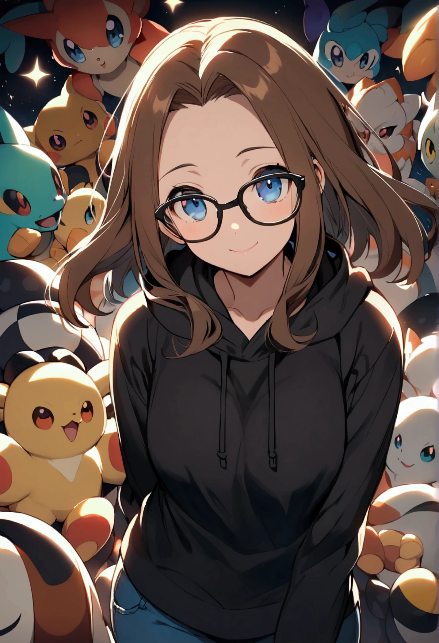Alone, One person, Anime woman (shoulder length brown hair, blue eyes, black hoodie, jeans, dark framed glasses, clear forehead, smiling). Surrounded by lots of cute fantasy creatures like Pokemon.