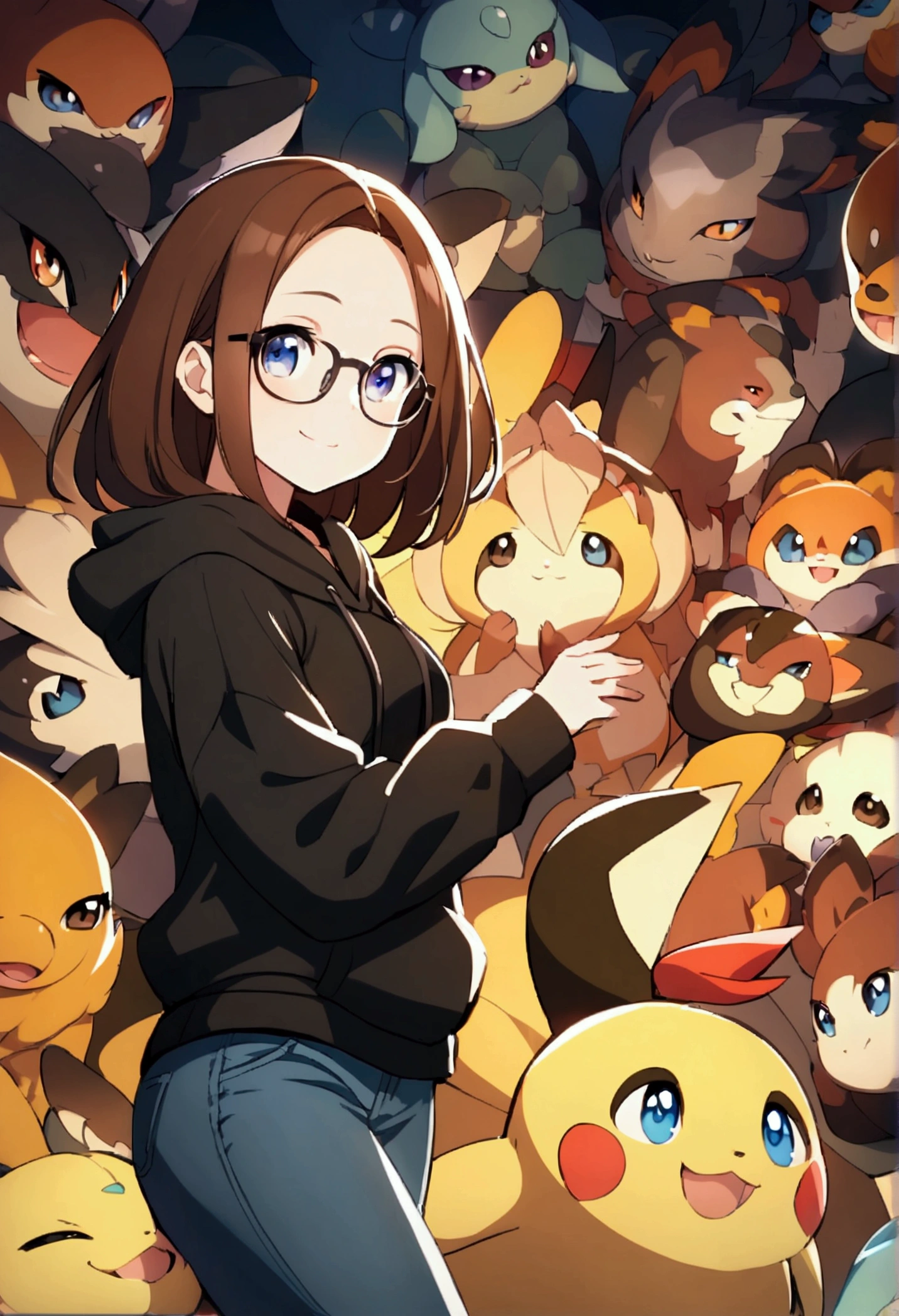 Alone, One person, Anime woman (shoulder length brown hair, blue eyes, black hoodie, jeans, dark framed glasses, clear forehead, smiling). Surrounded by lots of cute fantasy creatures like Pokemon.