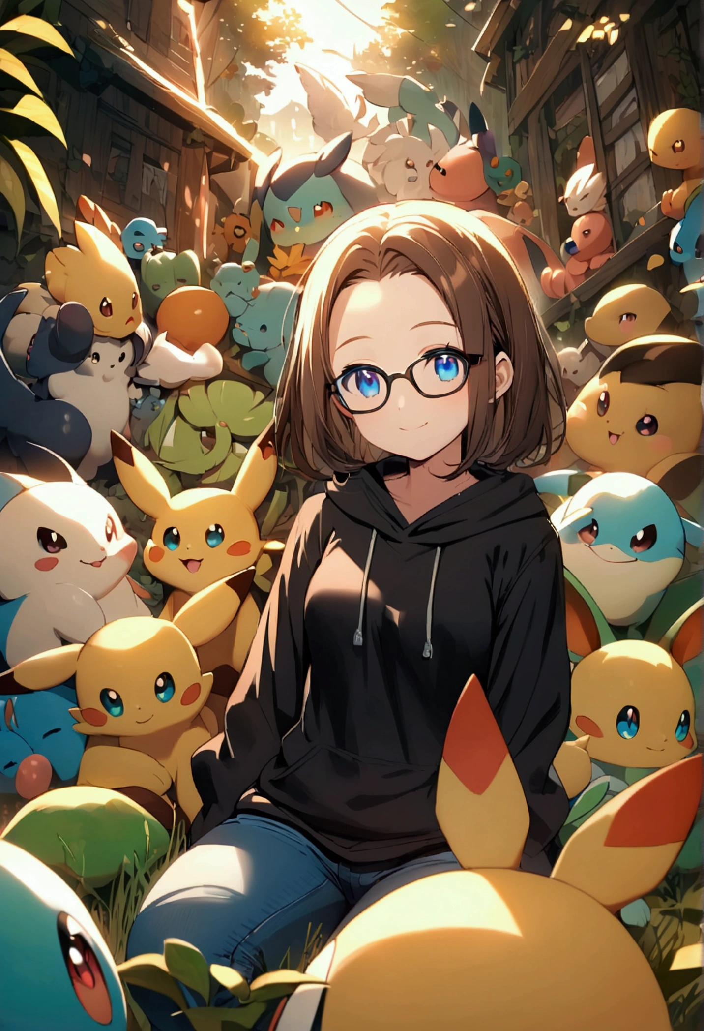 Alone, One person, Anime woman (shoulder length brown hair, blue eyes, black hoodie, jeans, dark framed glasses, clear forehead, smiling). Surrounded by lots of cute fantasy creatures like Pokemon.