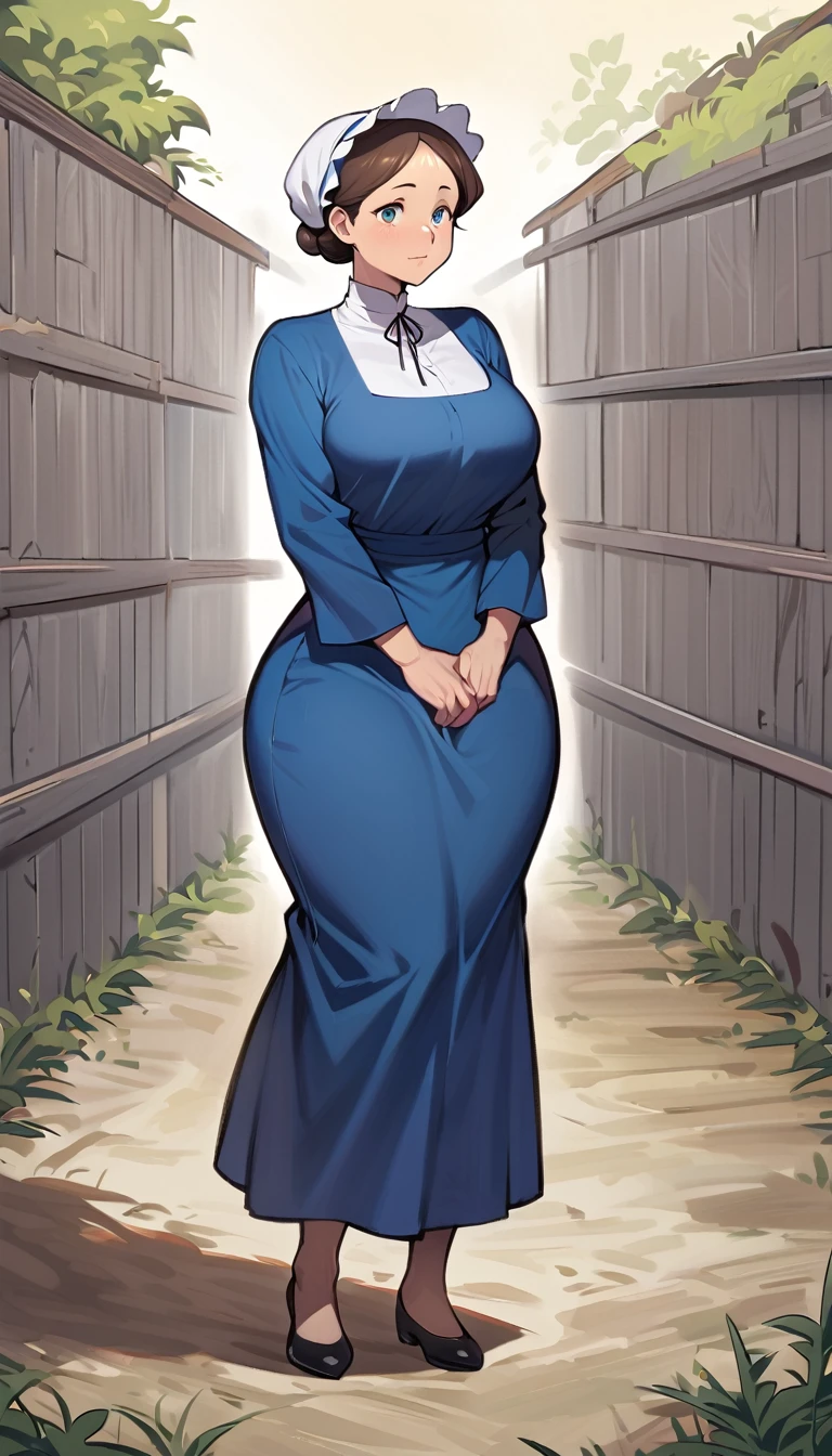 adult amish woman, 40 years old, pale skin, long sleeved blue dress, small black apron over her blue dress, full body shown, very short brown hair in a conservative sleek bun, white bonnet kapp, wide hips, thick thighs, wearing simple black flats, thick legs, slightly below the knee dress, slight face wrinkles, tight sleeves, standing upright in a farm field, no makeup, round face, hands on lap, side view, aged face, busty, hourglass body figure, rosy cheeks