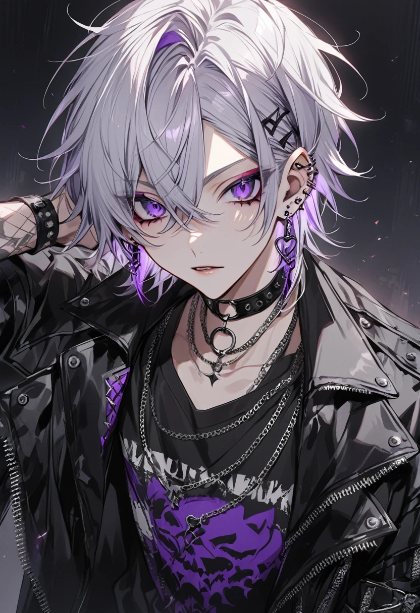 Young Caucasian man, Punk rock style, Silver Hair, Purple Eyes, Earrings, Goth, eyeliner