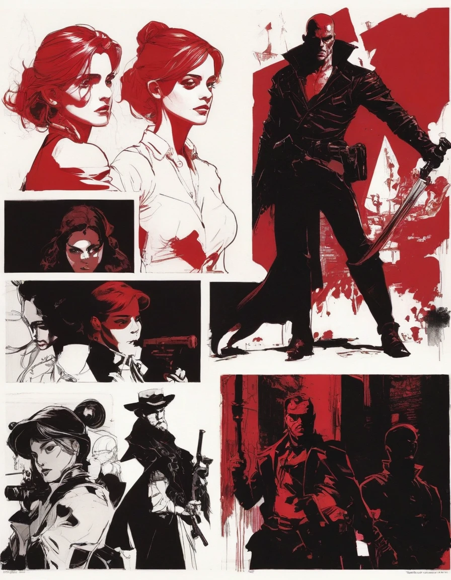 Mike Mignola,  (high contrast , Character Design Sheet, but very beautiful:1.4), (complex parts, masterpiece, Best quality:1.4),
poster style, professional, modern, attractive, very detailed, dark palette,  I look at the viewer, dark red shade, Emma Watson
