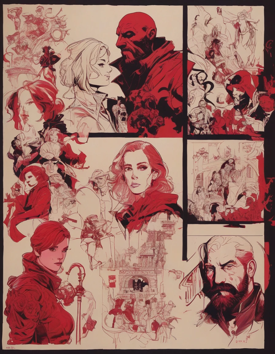 Mike Mignola,  (high contrast , Character Design Sheet, but very beautiful:1.4), (complex parts, masterpiece, Best quality:1.4),
poster style, professional, modern, attractive, very detailed, dark palette,  I look at the viewer, dark red shade, Emma Watson
