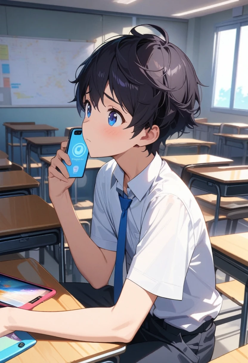 masterpiece, best quality, extremely detailed, ultra detailed, flat anime, 2D, ((1boy)),black hair, (short hair:1.5),blue eyes, height 1.7meters, (circle eyes:1.2), (young adult:1.2), Ear-length sideburns,height 1.7meters, High School Uniforms, white shirt, blue tie, ((short sleeves)), ((long pants)), sitting, closed mouth, thinking, upper body, summer, classroom, 11AM,looking at his smart phone., Operating a smart phone, bangs,(tareme:1.2), dircle face, kinky hair