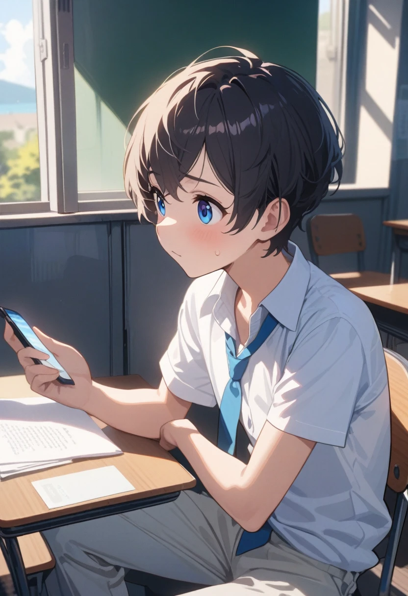 masterpiece, best quality, extremely detailed, ultra detailed, flat anime, 2D, ((1boy)),black hair, (short hair:1.5),blue eyes, height 1.7meters, (circle eyes:1.2), (young adult:1.2), Ear-length sideburns,height 1.7meters, High School Uniforms, white shirt, blue tie, ((short sleeves)), ((long pants)), sitting, closed mouth, thinking, upper body, summer, classroom, 11AM,looking at his smart phone., Operating a smart phone, bangs,(tareme:1.2), dircle face, kinky hair