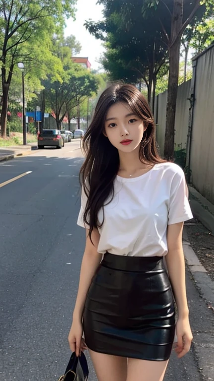 1 Girl,roadside,Soft Light,Chinese Beauty,tight skirt,Dark-haired