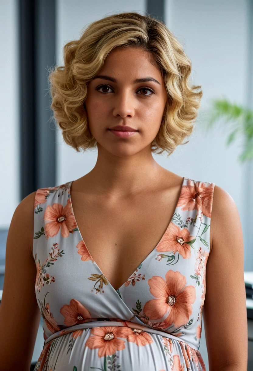 A 25 year old pregnant Brazilian woman, short and blonde hair, light brown eyes, wearing a flowery dress, in a law firm, Ultra-high quality, photorrealistic, 8k, front angle