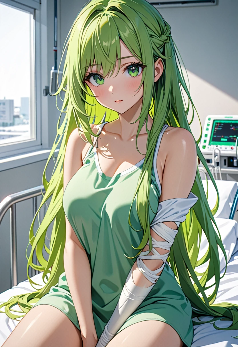 8K Ultra High-Quality, ultra-detailed, High quality, Green long tied Hair, Green eyes, large chest, right arm cast, sitting on a hospital bed, close up