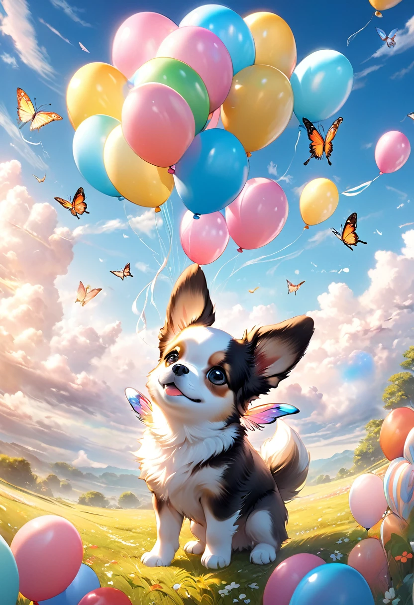 1dog, cute flying puppy with huge beautiful Swallowtail butterfly-wings, intricate detailed vibrant colors shining wings, holding many balloons, floating gently between clouds in the wide sky, dreamy, cozy space, (best quality,4k,8k,highres,masterpiece:1.2),ultra-detailed,(realistic,photorealistic,photo-realistic:1.37), cute expression, playful, whimsical, pastel colors, soft lighting, cinematic, fantasy, ethereal