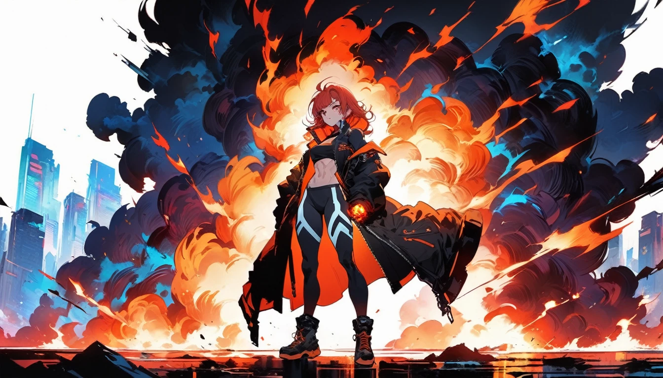 (masterpiece, Highest quality), (Perfect athletic body:1.2), (Detailed Hair), Very detailed, Anime Style, alone, whole body, Cyberpunk Fire Starter Girl, Redhead, Red Eye, Wearing a cyberpunk-style short top and long coat, Flaming fist, high boots, Digital Painting, 8K high resolution, whole body, White Background, standing wilderness