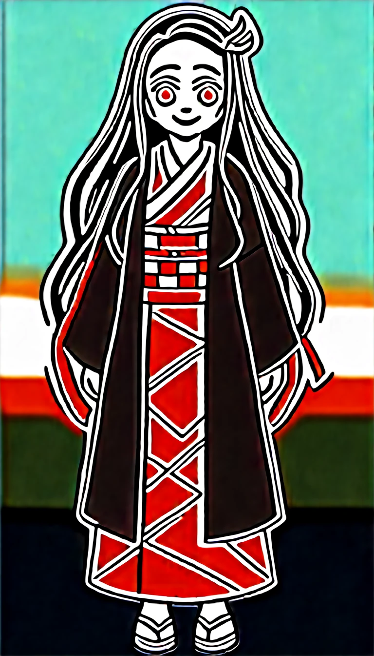 score_9, score_8_up, score_7_up, score_6_up, score_5_up, score_4_up, source_anime,kamado nezuko, pink eyes, 1girl,solo, long hair, black hair. two-tone hair, japanese clothes, checkered obi, pink kimono, looking at viewer, pink hair ribbon, asa no ha \(pattern\), forehead,black haori, standing, grass,hill, dawn, sunlight, happy,smile, full body