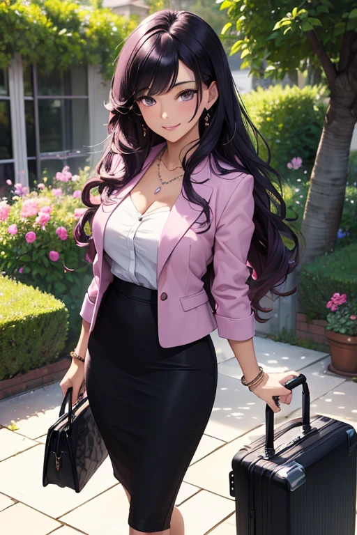 ((masterpiece, best quality, ultra-detailed)), 1girl, beautiful business woman walking through a summer garden, smiling, wearing pink blouse and blazer, bracelet, necklace, black midi pencil skirt, black business skirt, full body, wavy purple hair