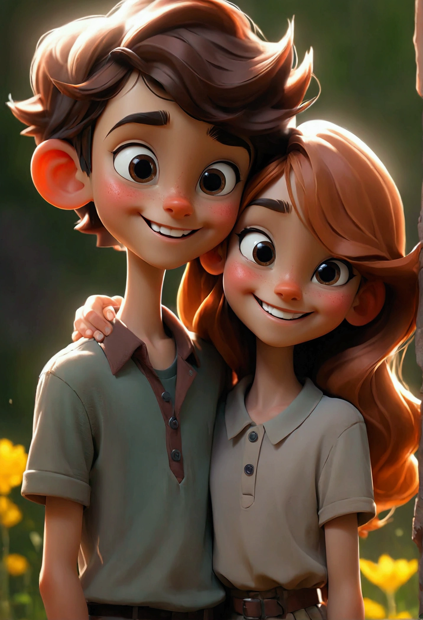 A boy and girl with cute smiles are standing close together