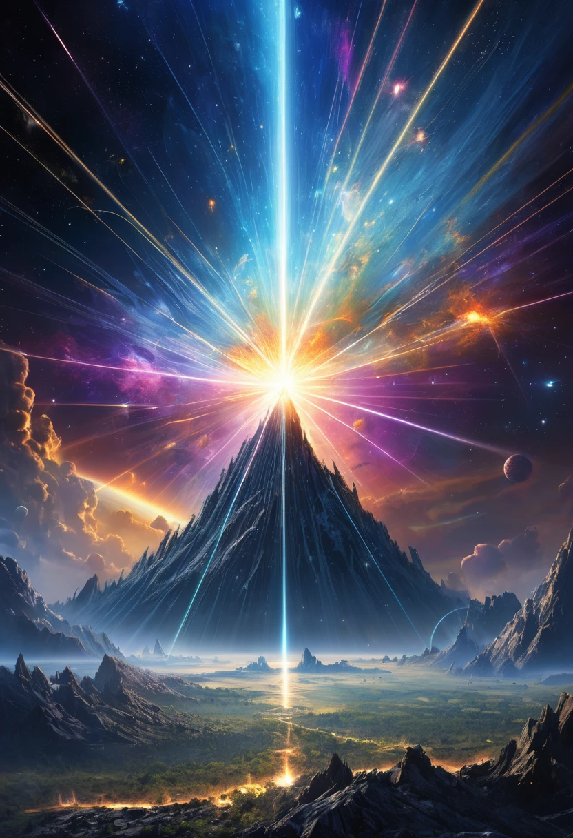 beautiful cosmic rays, destruction, annihilation, annihilation, 2.5D, delicate and dynamic, realistic beauty, graphic arts