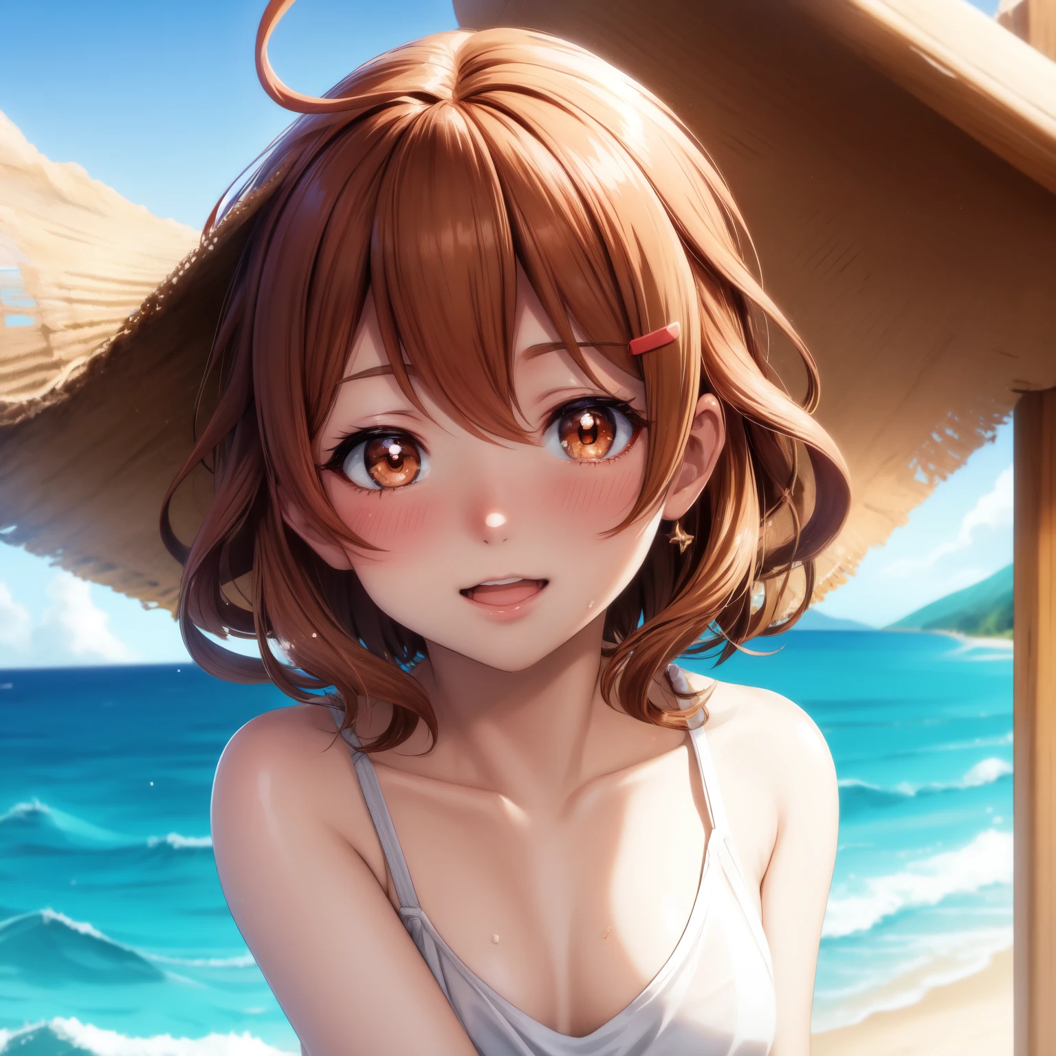 lovelive!,anime nose, anime mouth,beach,sea,short_hair,(masterpiece, best quality:1.2),illustration,8k,hd,1girl,solo,upper body,(portrait:1.2),brown_hair,hairclip,hair_ornament,brown_eyes,towel