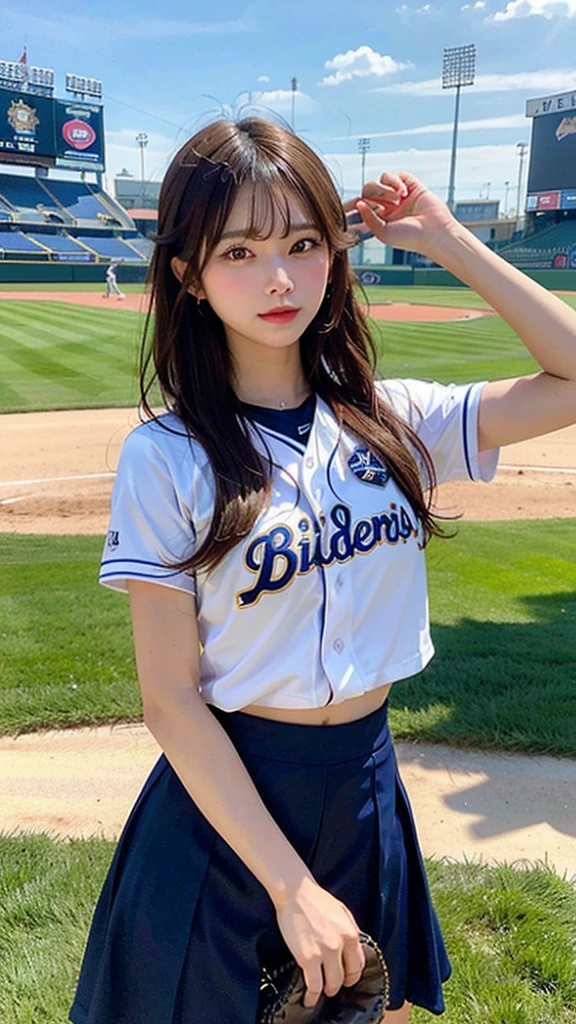 (8k, masterpiece, highest quality),girl１name、baseball、pitching、cheerleader clothes、Simple baseball stadium background、head shot