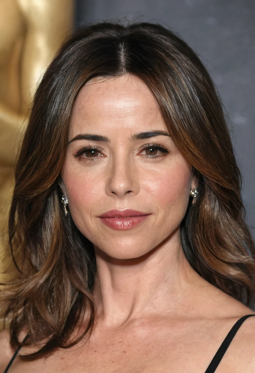 "Draw a close-up of the dominant look of Helena Furtado, the Dominant Lady, in detail. The lip structure should be similar to that of actress Linda Cardellini.

Lips: Similar to Linda Cardellini, full and well defined, with a medium dark skin tone. The lips should be rounded upwards.
Skin: ((Dark olive skin tone)), healthy and radiant.
Hair: Part of the long asymmetrical bob cut can be visible, straight and shiny black, with its bluish highlights.
The image must have lips similar to Linda Cardellini."