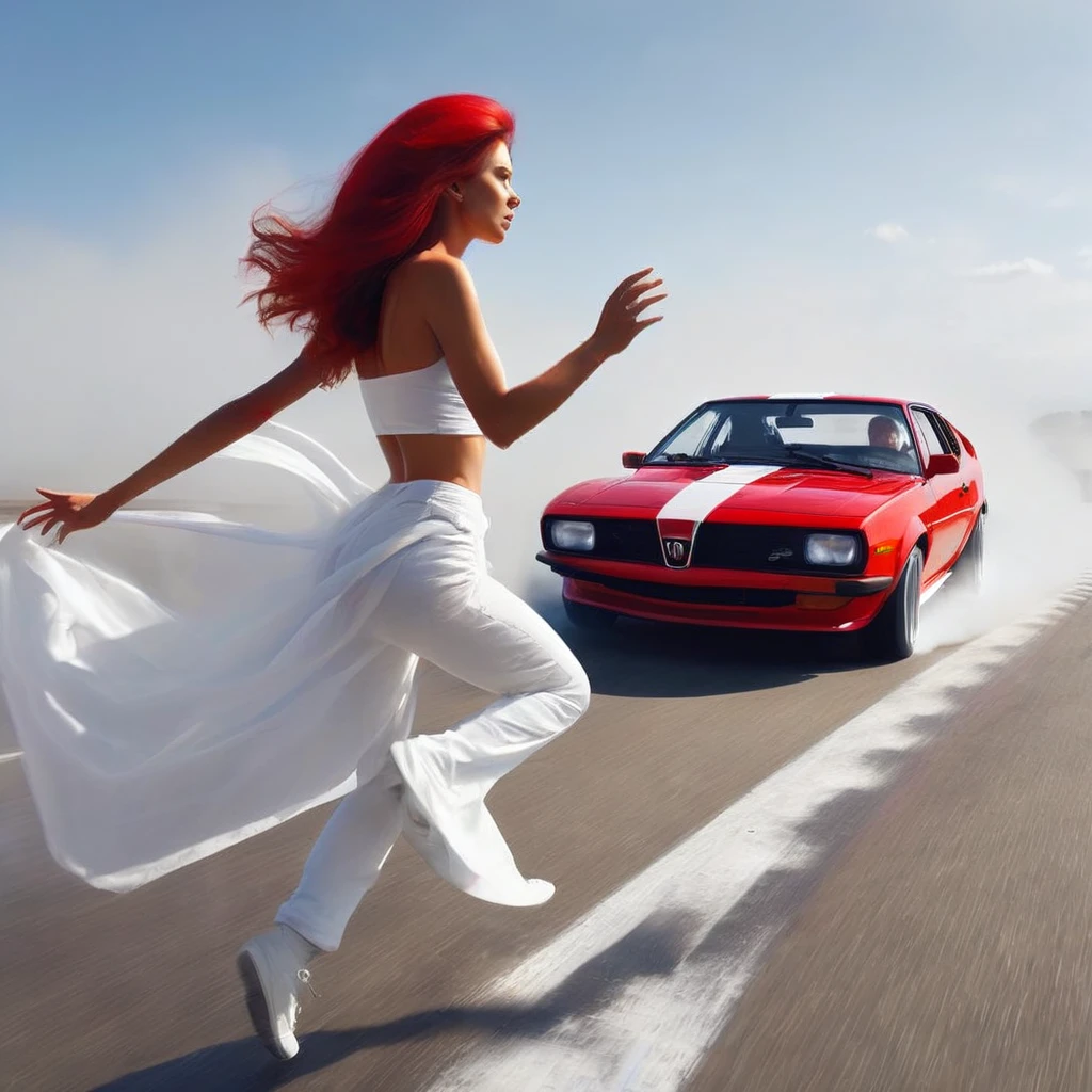 in road car races, an old European passenger car (with red body color) overtakes all modern sports cars (with white body color)