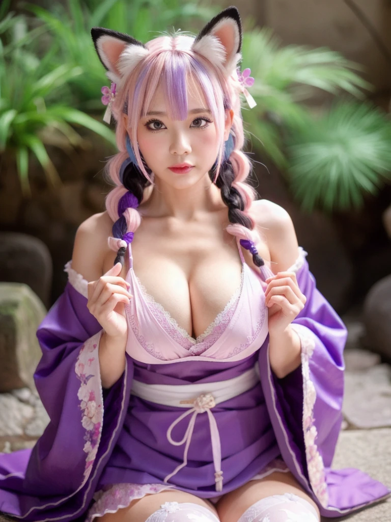 masterpiece, best quality,multiple girls, breasts, 2girls, s,yae miko, raiden shogun, purple eyes, pink hair, japanese clothes, purple hair, large breasts, long hair, cleavage, hair ornament, thighs, purple kimono, thighhighs, bangs, animal ears, detached sleeves, fox ears, wide sleeves, kimono, moon,, braid