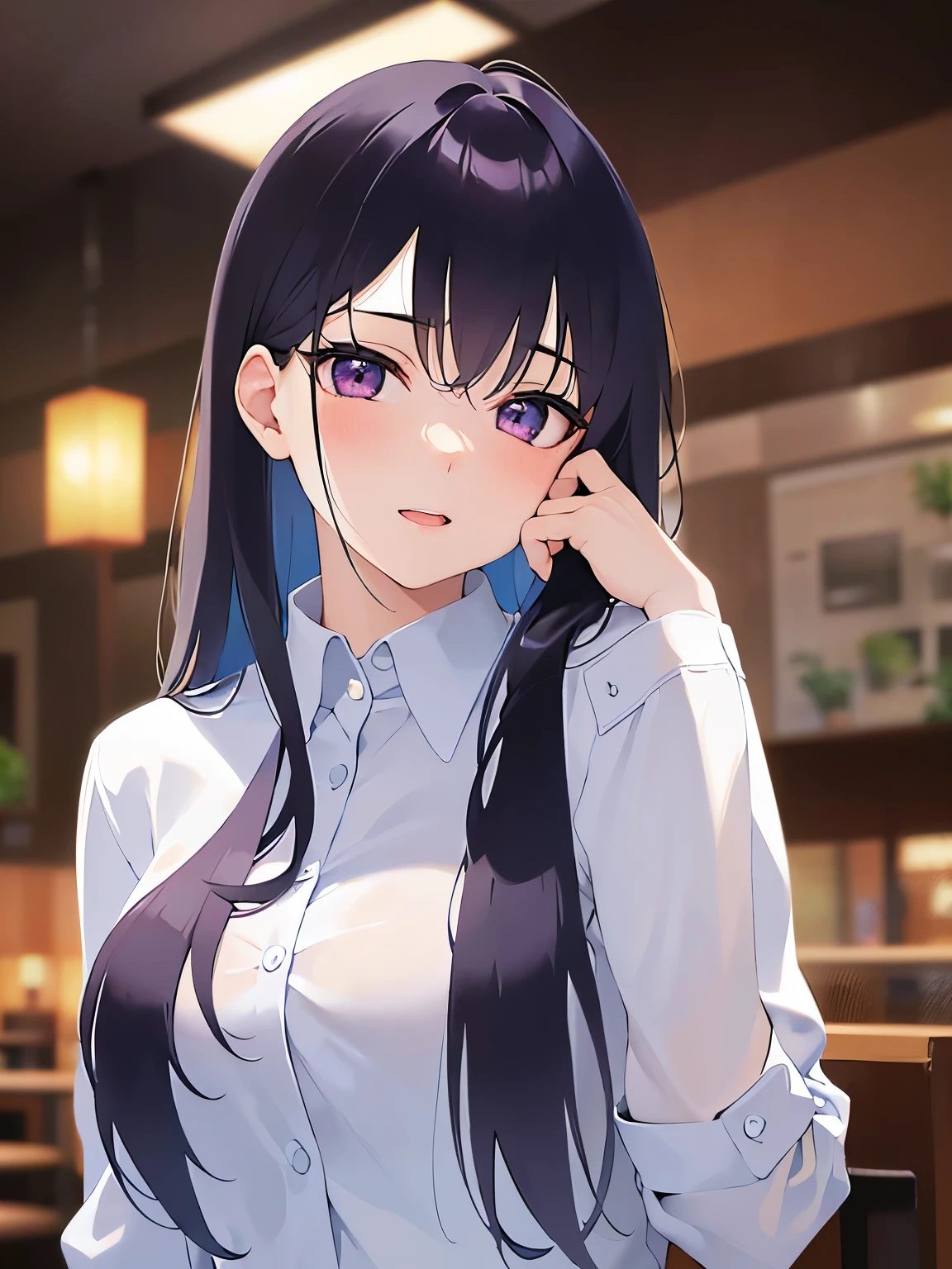 hand on own face, Upper Body, Realistic, real person, (pale skin: 1.2), RAW photo, photorealistic, shiny skin, shiny hair、(A 25-year-old woman with straight hair and bangs) and (medium hair) and (black hair) and (purple eyes) , (white collared shirt)、(blush:1.5), smile, open mouth, The background is the interior of a restaurant at night.、Alone、Are standing