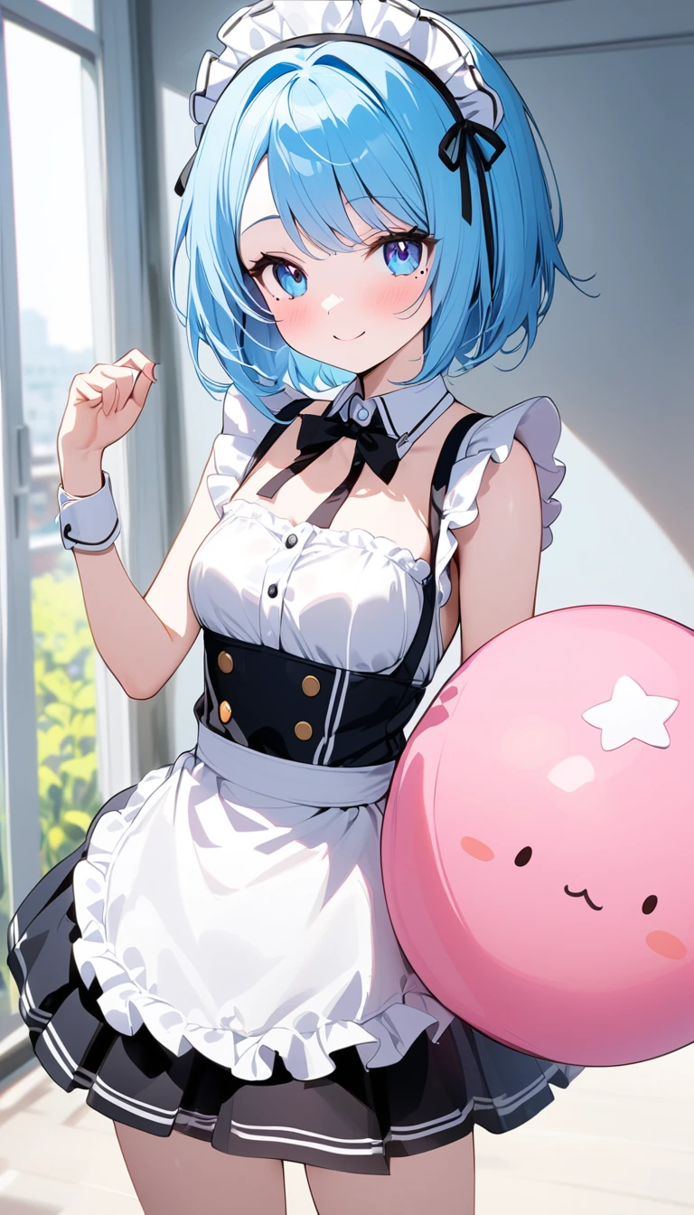 High quality, masterpiece, ultra-detailed, bunny maid outfit, headress, bows, 1girl, solo, on bed, many balloons, short hair, enchanting blue eyes, ridiculously large breasts, shiny skin, knees up, white panties, m legs
