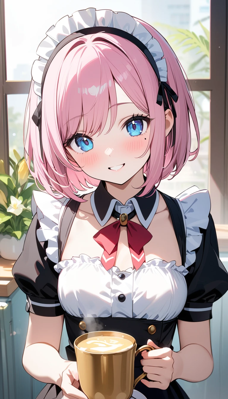 (1 girl),(Best Picture Quality, 8K, Masterpiece:1.3), (high school student:1.5), ((pink lob hair:1.1)), (bob cut),(swept bangs), (cute eyes, pupil black, iris skyblue, youthful face), (mole under right eye), (standard weight), (small breasts), (glistening skin:1.1),(pale skin:1.2),((Princess maid)),(Smile),(Akiba maid caffe).