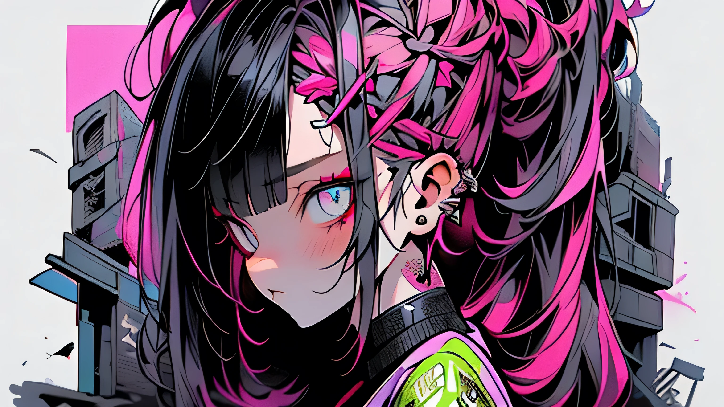 Step Piece, Highest quality, Best illustrations, Very detailed,girl, Pink Rose Long Hair, crazy baddie girl, Cool black open short jacket, Neck Tattoo, Messy fade cut hair, Side braided hair,crazy, Standing there with an eerie feeling, Abandoned city graffiti wall background,Knee-high socks, Unusual sneakers, Eyeshadow on eyes,Unusual eye color, Eyes of Terror, Vivid eyes, Cool photos, lifting barbells at the gym
