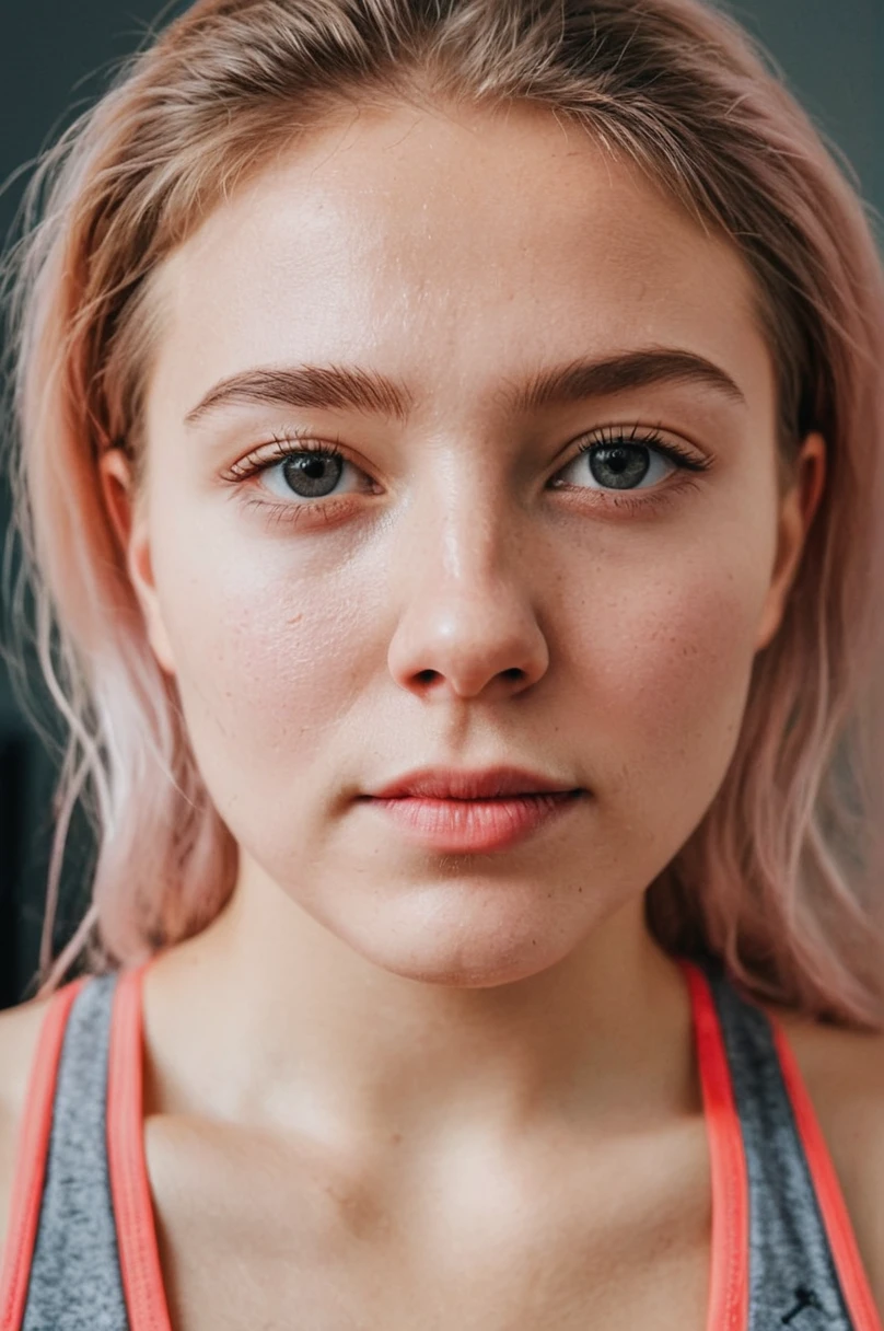 Create a close-up image, which shows an 18-year-old girl with rainbow-colored hair and a sweaty face., look seductively and directly into the camera, wear revealing pink sportswear, Maybe, after a strenuous workout or sport.