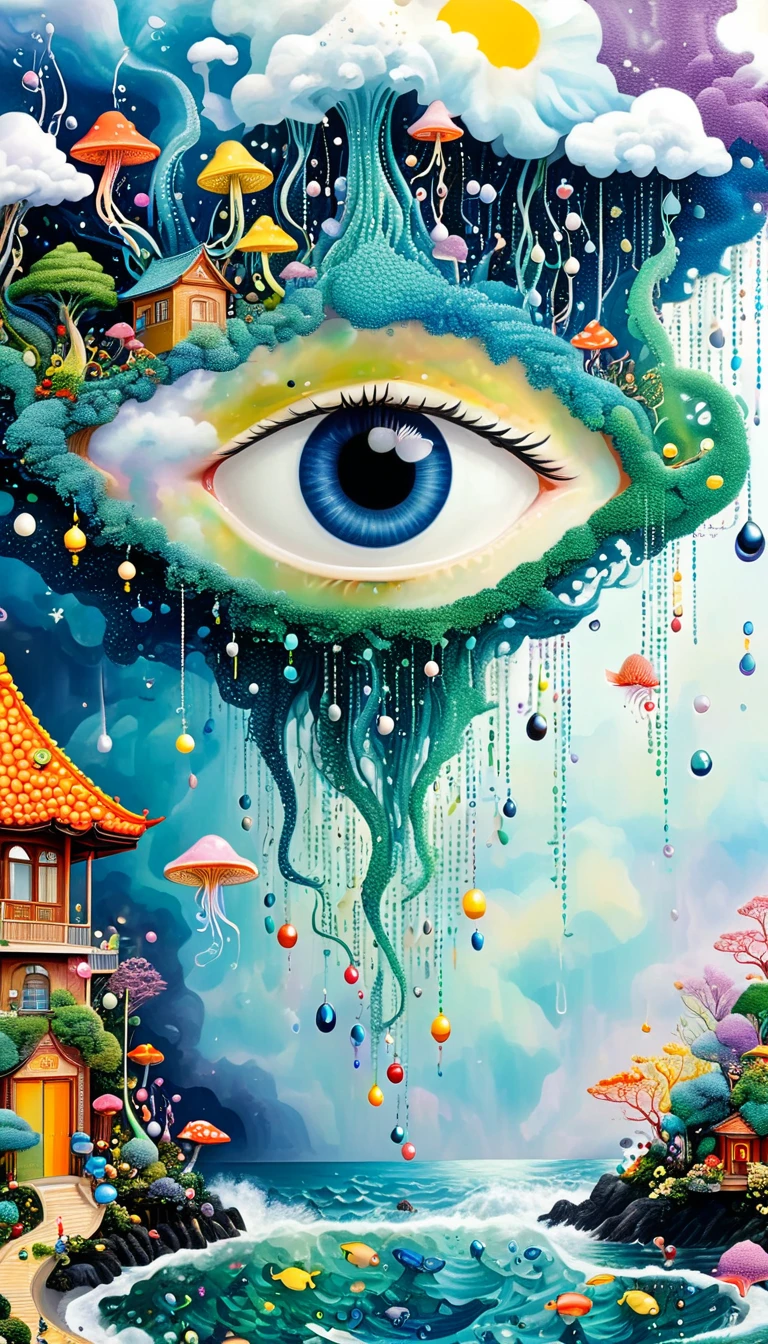Strong visual fusion of multiple elements,broto,来自star的艺术家,Dopamine color scheme,house、Eye、pearl bead curtain、pearl、star、cloud、fish、Spore powder、Ocean、rain、Tentacles,Describing the inner world of autistic people,Intensive Pointillism method。Smooth lines。interesting,Strange illustration。Pointillism method。Strong contrast。Award-winning works。
