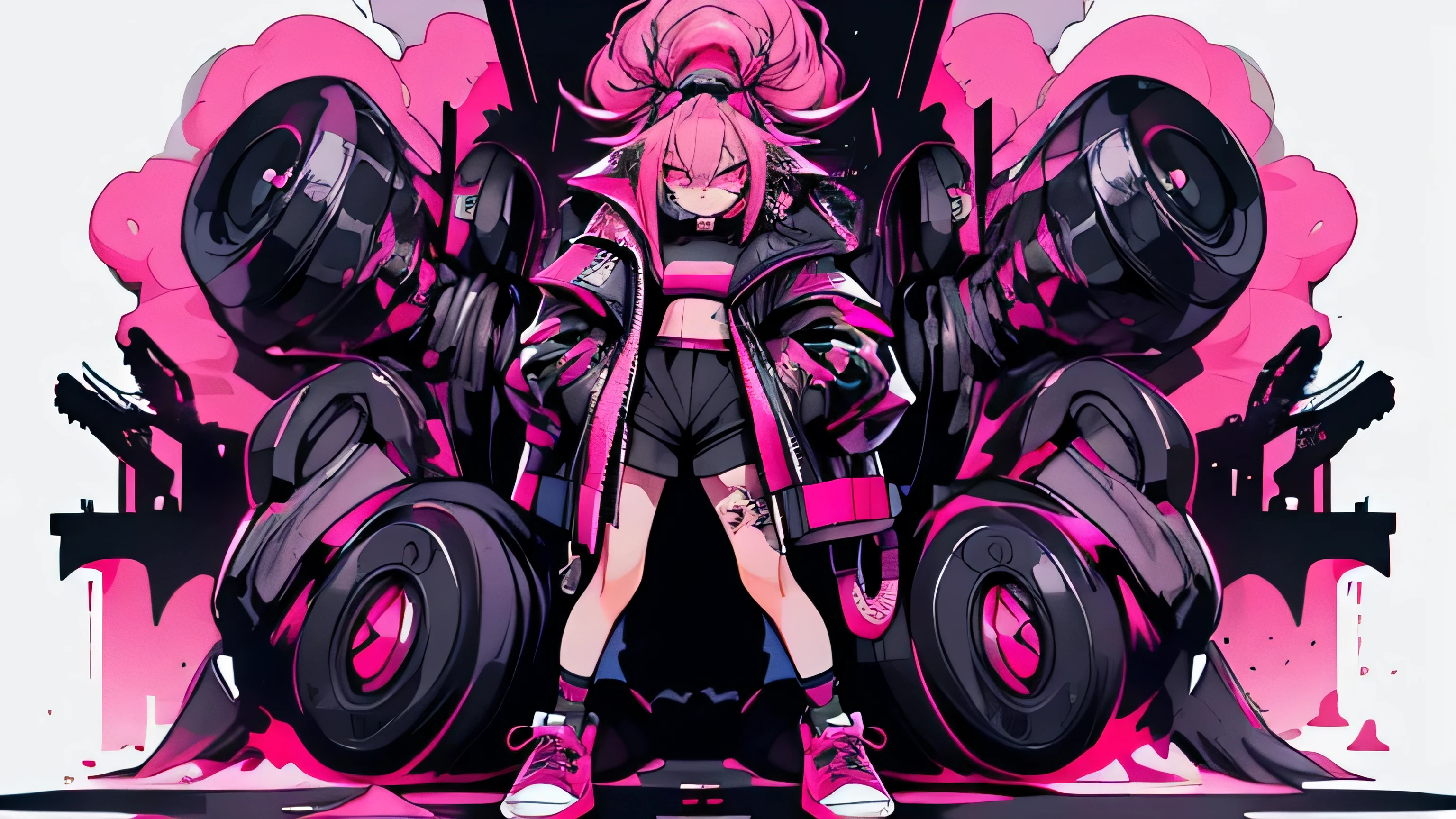 Step Piece, Highest quality, Best illustrations, Very detailed,girl, Pink Rose Long Hair, crazy baddie girl, Cool black open short jacket, Neck Tattoo, Messy fade cut hair, Side braided hair,crazy, Standing there with an eerie feeling, Knee-high socks, Unusual sneakers, Eyeshadow on eyes,Unusual eye color, Eyes of Terror, Vivid eyes, Cool photos, Gym