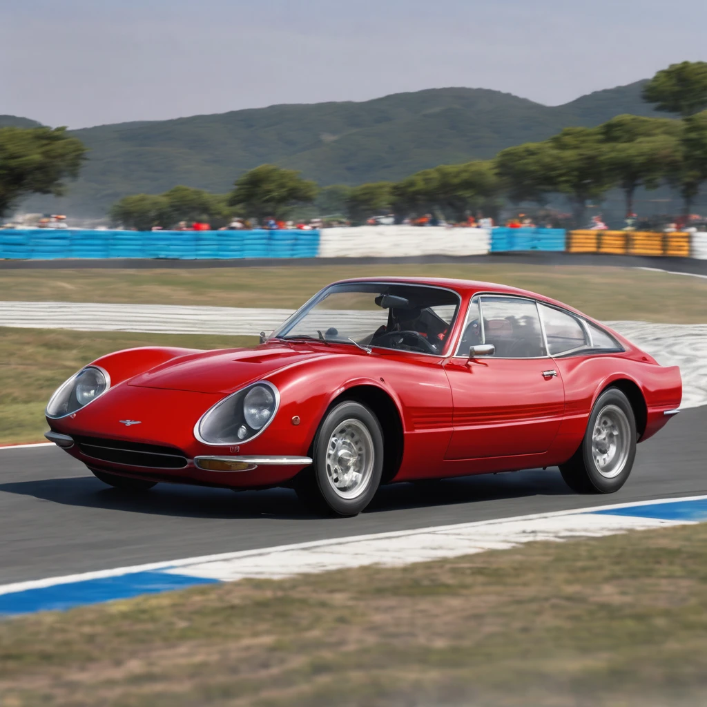 in road car races, an old European passenger car (with red body color) overtakes all modern sports cars (with white body color)