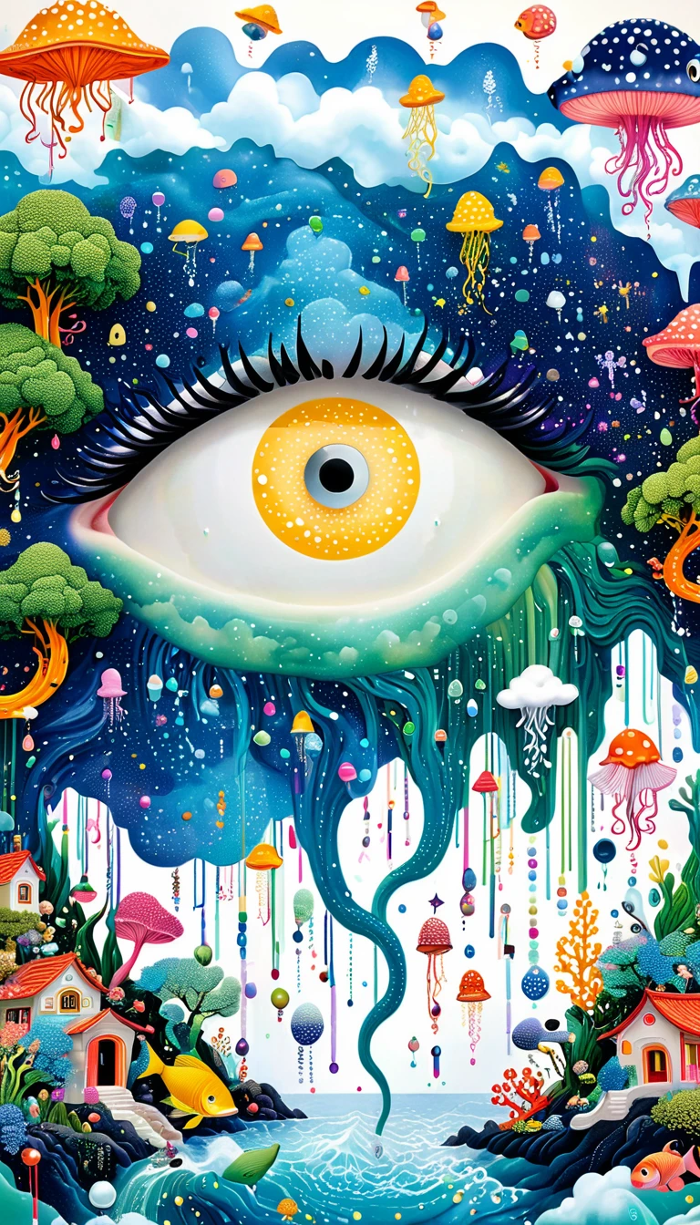 Strong visual fusion of multiple elements,broto,来自star的艺术家,Dopamine color scheme,house、Eye、pearl bead curtain、pearl、star、cloud、fish、Spore powder、Ocean、rain、Tentacles,Describing the inner world of autistic people,Intensive Pointillism method。Smooth lines。interesting,Strange illustration。Pointillism method。Strong contrast。Award-winning works。