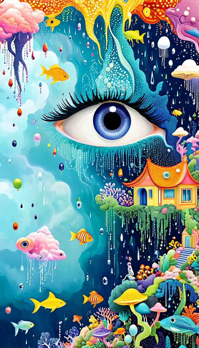 Strong visual fusion of multiple elements,broto,来自star的艺术家,Dopamine color scheme,house、Eye、pearl bead curtain、pearl、star、cloud、fish、Spore powder、Ocean、rain、Tentacles,Describing the inner world of autistic people,Intensive Pointillism method。Smooth lines。interesting,Strange illustration。Pointillism method。Strong contrast。Award-winning works。
