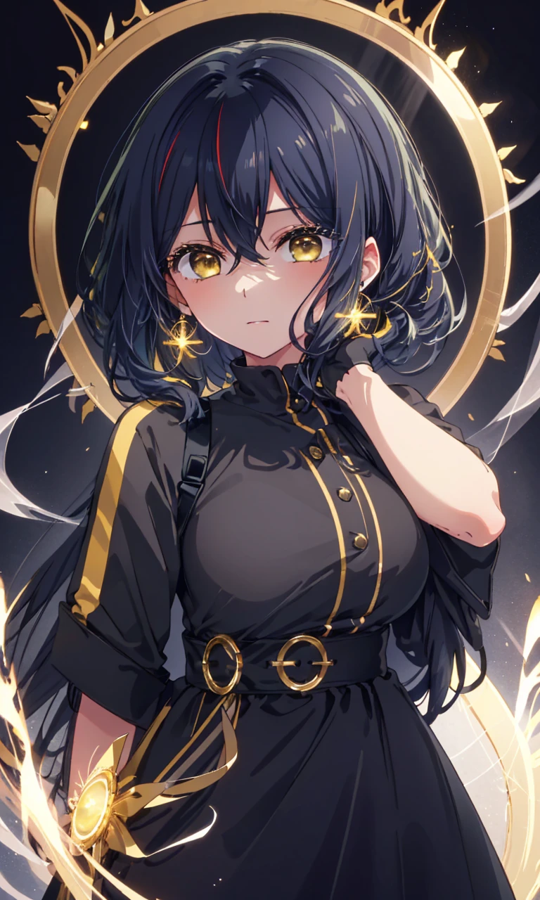 masterpiece, best quality, Cinematic, Fancy effects, 1girl, Intricate details, shiny hair, shiny skin, detailed eye, hd eye, :|, beautiful eye, big eyes, gothic, big breasts, black hair, medium hair, yellow eyes, glowing eyes, baby face, goth, black casual outfit, black blazer, glowing nimbus (yellow glowing circle above head), Cross Earrings, hair between eyes, black gloves, upper body, looking at viewer, smoke background, face focus, long eyelashes, shiny eyelashes, long hair, messy hai, wavy hair, fluffy hair, glowing nimbus, vary long hair, colored hair (black hair front, yellow glowing hair background), very big breasts, pale skin,