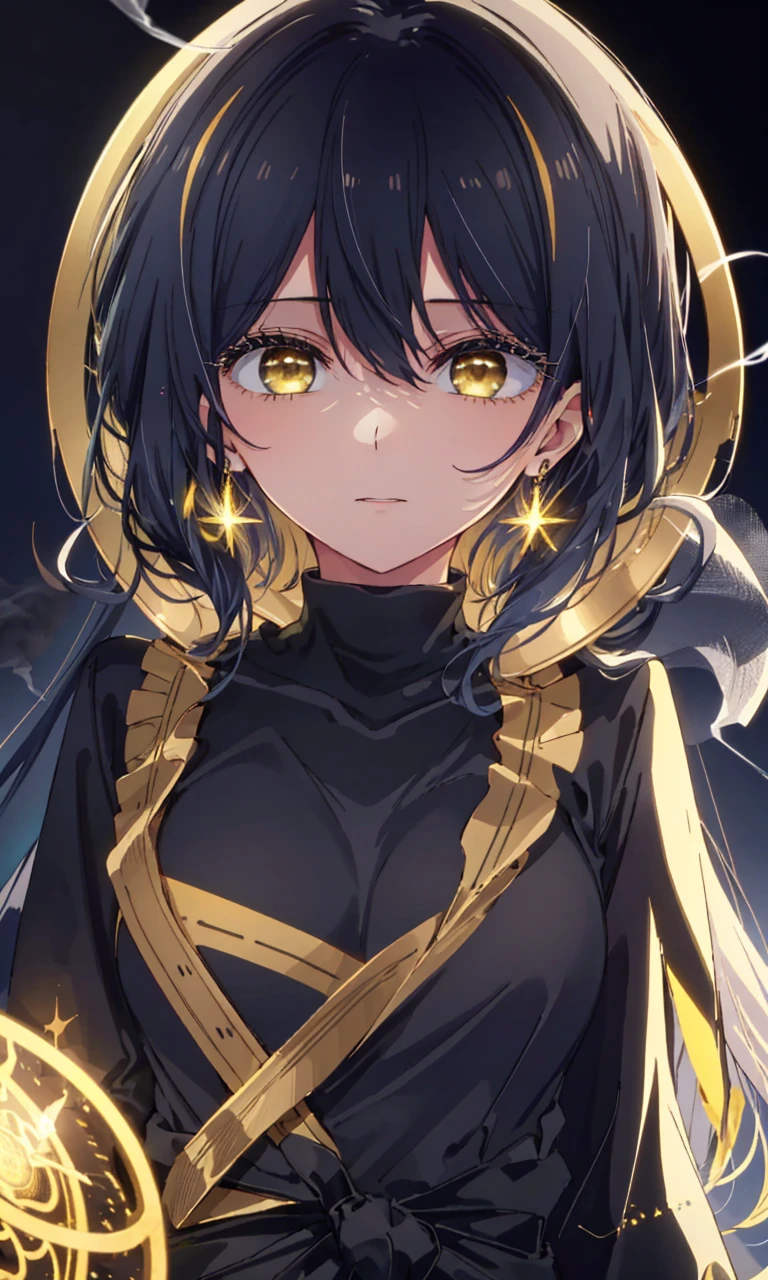 masterpiece, best quality, Cinematic, Fancy effects, 1girl, Intricate details, shiny hair, shiny skin, detailed eye, hd eye, :|, beautiful eye, big eyes, gothic, big breasts, black hair, medium hair, yellow eyes, glowing eyes, baby face, goth, black casual outfit, black blazer, glowing nimbus (yellow glowing circle above head), Cross Earrings, hair between eyes, black gloves, upper body, looking at viewer, smoke background, face focus, long eyelashes, shiny eyelashes, long hair, messy hai, wavy hair, fluffy hair, glowing nimbus, vary long hair, colored hair (black hair front, yellow glowing hair background), very big breasts, pale skin,